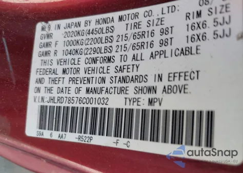 2006 Honda Cr-V Lx from USA, damaged, VIN JHLRD78576C001032